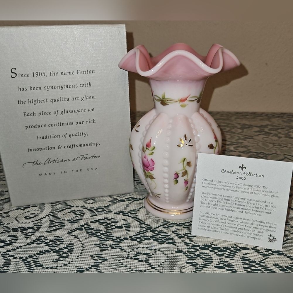 Fenton Rosalene Charleton Collection Hand Painted Beaded Melon Vase